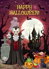 Fototapeta na wymiar Halloween on graveyard, Dracula and castle, treats