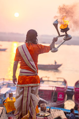 Puja on the banks of the Ganges, India. The city of Varanasi. November 2016