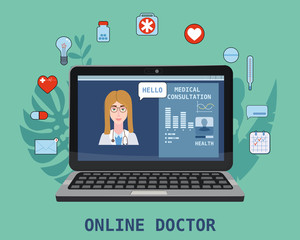 Online doctor women healthcare concept icon set. Doctor videocalling on a laptop