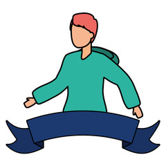 young man backpack sticker ribbon