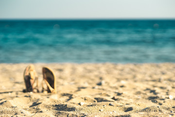 summer background with flip flops on a sandy beach - 278636316