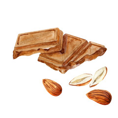 Watercolor illustration of milk chocolate with nuts