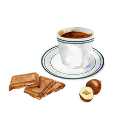 Watercolor illustration of cup of coffee and hazelnut chocolate