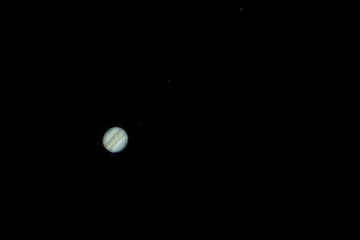 Planet Jupiter as seen from an advanced amateur telescope from a city sky at Santiago de Chile. Jupiter, the Giant Gas Planet show us its belts and spots like the great red spot, an awe night view
