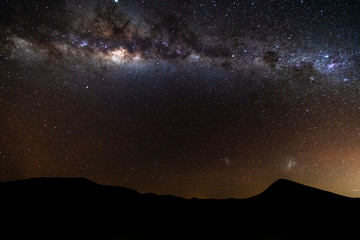 An amazing night sky at Atacama Desert.The milky way over us and Atacama mountains, just an awe nightscape over our base camp inside Atacama arid desert. Amazing view over Sagittarius night stars
