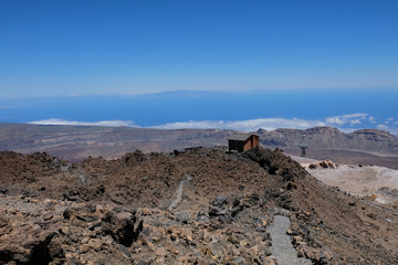 Sea views from mountain top volcanic landscape