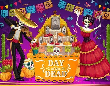 Mexican Day of Dead skeletons, altar, sugar skulls