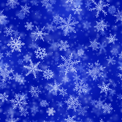 Fototapeta na wymiar Christmas seamless pattern of complex blurred and clear falling snowflakes in blue colors with bokeh effect