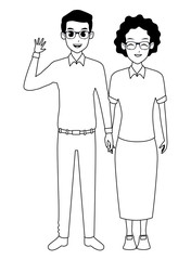 Family grandmother with adult son cartoon in black and white