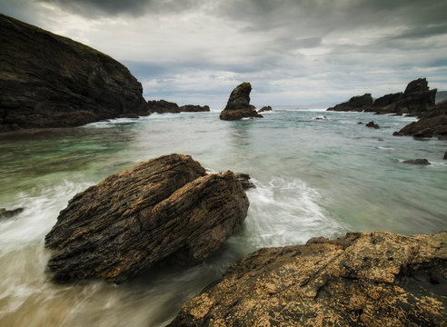 Atlantic Ocean and rocks at Fontes beach, Ferrol, Spain