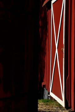 Red barn door with white pattern