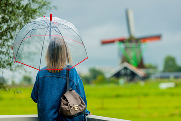 girl stay on bridge with dutch mills © Masson
