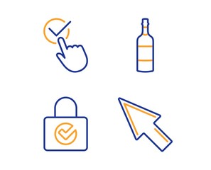 Password encryption, Checkbox and Brandy bottle icons simple set. Mouse cursor sign. Protection locker, Approved, Whiskey. Click arrow. Business set. Linear password encryption icon. Vector