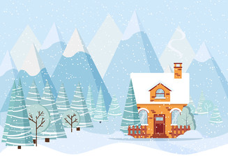 Winter landscape with country brick farm house, winter trees, spruces, mountains, snow in flat cartoon style.