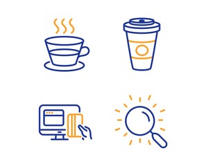 Online payment, Takeaway coffee and Coffee cup icons simple set. Search sign. Money, Hot latte drink, Tea mug. Find document. Business set. Linear online payment icon. Colorful design set. Vector