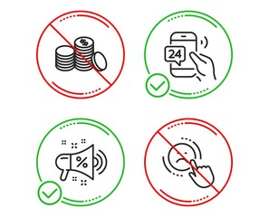 Do or Stop. Sale megaphone, Banking money and 24h service icons simple set. Dislike sign. Shopping, Cash finance, Call support. Negative feedback. Business set. Line sale megaphone do icon. Vector