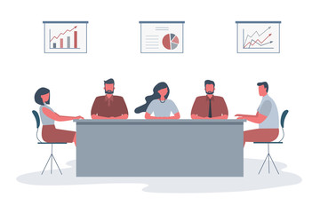 Office workers during the meeting. Employees are sitting at the table in the office. There are also diagrams on the wall. Conference hall. Funky flat style. Vector illustration