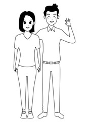 Young adult couple greeting cartoon in black and white