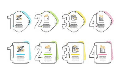 E-mail, Debit card and Spanner icons simple set. Ab testing sign. Communication by letters, Wallet with credit card, Repair service. Test chart. Business set. Infographic timeline. Line e-mail icon