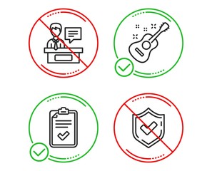 Do or Stop. Checklist, Exhibitors and Guitar icons simple set. Confirmed sign. Survey, Information desk, Acoustic instrument. Accepted message. Education set. Line checklist do icon. Vector