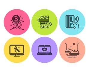 Online shopping, Cashback card and Contactless payment icons simple set. Monitor repair, Bitcoin project and Bumper cars signs. Notebook with shopping cart, Money payment. Business set. Vector