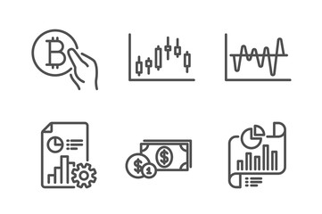 Bitcoin pay, Candlestick graph and Dollar money icons simple set. Stock analysis, Report and Report document signs. Cryptocurrency coin, Finance chart. Finance set. Line bitcoin pay icon. Vector