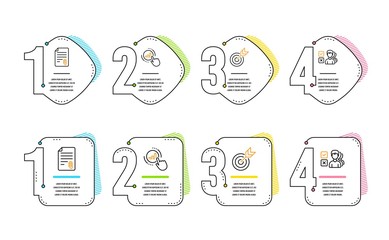 Attachment, Target and Graph chart icons simple set. Opinion sign. Attach file, Targeting, Get report. Choose answer. Education set. Infographic timeline. Line attachment icon. 4 options or steps