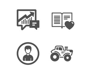 Set of Person, Love book and Accounting icons. Tractor sign. Edit profile, Customer feedback, Supply and demand. Farm transport.  Classic design person icon. Flat design. Vector