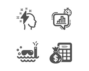 Set of Statistics timer, Scuba diving and Brainstorming icons. Finance calculator sign. Growth chart, Trip swimming, Lightning bolt. Calculate money.  Classic design statistics timer icon. Flat design