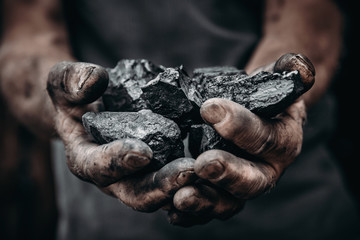 Coal in miner holds. Concept industry mining - obrazy, fototapety, plakaty