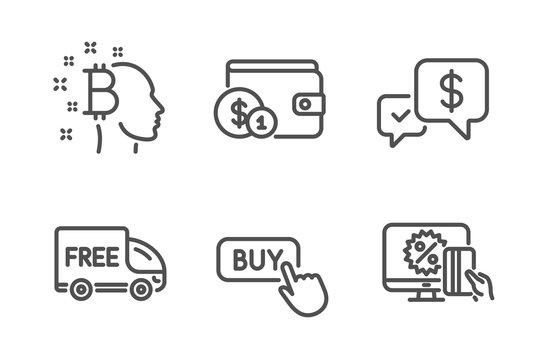Buying accessory, Free delivery and Payment received icons simple set. Buy button, Bitcoin think and Online shopping signs. Wallet with coins, Shopping truck. Finance set. Line buying accessory icon