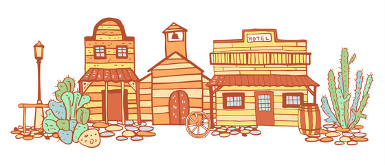 America Wild West town street view with cactuses. Color hand drawn outline sketch doodle vector illustration 