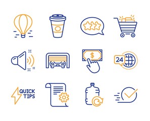 Shopping cart, Air balloon and Takeaway coffee icons simple set. Stars, Parking garage and Payment click signs. Loud sound, Refill water and 24h service symbols. Line shopping cart icon. Colorful set