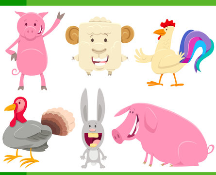 cartoon funny farm animal characters set