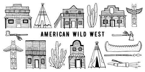 Obraz premium America Wild West and Native American Indians houses and objects set. Hand drawn outline sketch doodle vector illustration 