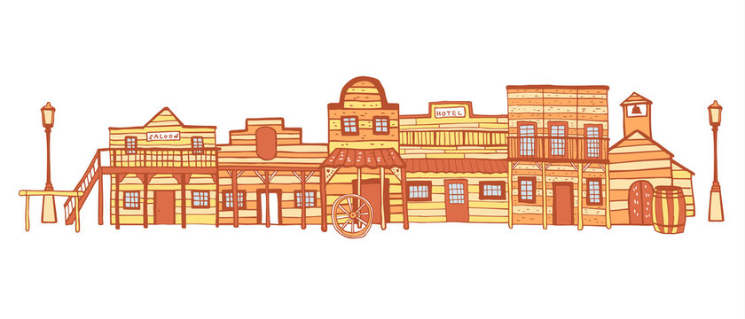 America Wild West town landscape. Color hand drawn outline sketch doodle vector illustration 