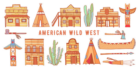 America Wild West and Native American Indians houses and objects set. Color hand drawn outline sketch doodle vector illustration  © Alexandra