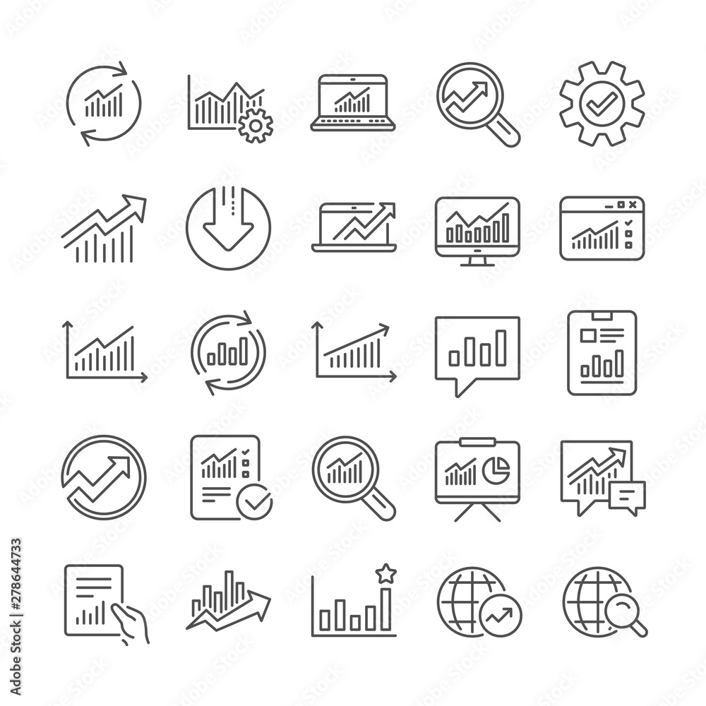 Poster analytics, statistics line icons. set of report document, chart and graph icons. data analytics, pre