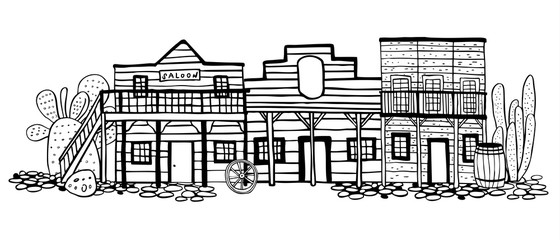 America Wild West town street view. Hand drawn outline sketch doodle vector illustration 