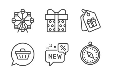 Shopping cart, Ferris wheel and Gift box icons simple set. Coupons, New and Travel compass signs. Dreaming of gift, Attraction park. Holidays set. Line shopping cart icon. Editable stroke. Vector