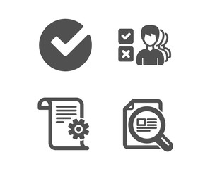 Set of Opinion, Verify and Technical documentation icons. Check article sign. Choose answer, Selected choice, Manual. Magnifying glass.  Classic design opinion icon. Flat design. Vector
