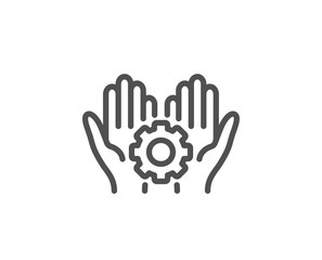 Employee hands line icon. Work gear sign. Development cogwheel symbol. Quality design element. Linear style employee hand icon. Editable stroke. Vector