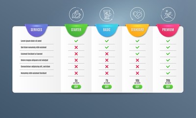 Mint tea, Mint leaves and Medical pills icons simple set. Comparison table. Grow plant sign. Mentha beverage, Mentha leaf, Drugs. Leaves. Healthcare set. Pricing plan. Compare products. Vector