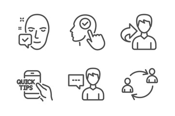 Select user, Person talk and Education icons simple set. Face accepted, Share and User communication signs. Head with checkbox, Communication message. People set. Line select user icon. Vector