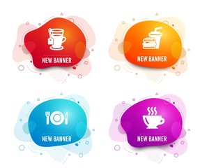 Liquid badges. Set of Tea, Food and Hamburger icons. Coffee sign. Glass mug, Restaurant, Burger with drink. Cappuccino.  Gradient tea icon. Flyer fluid design. Abstract shapes. Vector