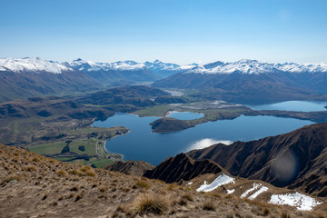 wonderful dramatic scenery of the Southern alps and Lake Wanaka from the top of Roy's Peak in New Zealand   