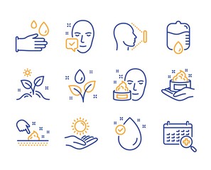 Face cream, Face accepted and Skin care icons simple set. Drop counter, Sun protection and Rubber gloves signs. Skin moisture, Plants watering and Grow plant symbols. Line face cream icon. Vector