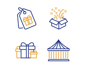 Gift, Coupons and Holiday presents icons simple set. Carousels sign. New year, Shopping tags, Gift boxes. Attraction park. Holidays set. Linear gift icon. Colorful design set. Vector