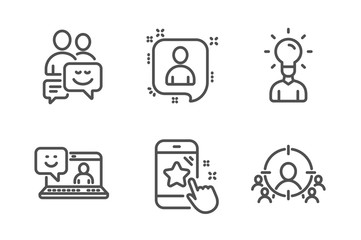 Education, Star rating and Developers chat icons simple set. Smile, Communication and Business targeting signs. Human idea, Phone feedback. People set. Line education icon. Editable stroke. Vector