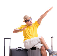 Happy young man going on summer vacation isolated on white